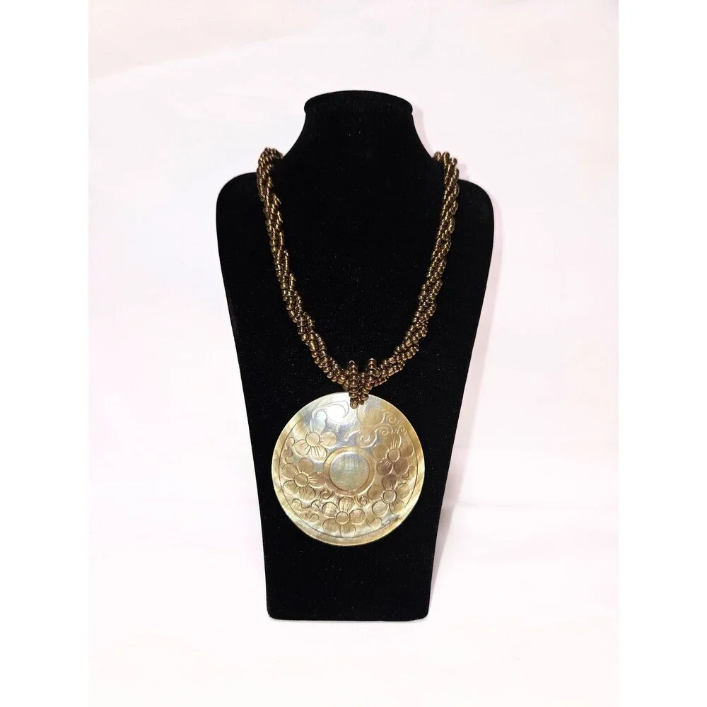 Mother of Pearl Floral Engraved Round Pendant Necklace Brown Seed Bead Boho